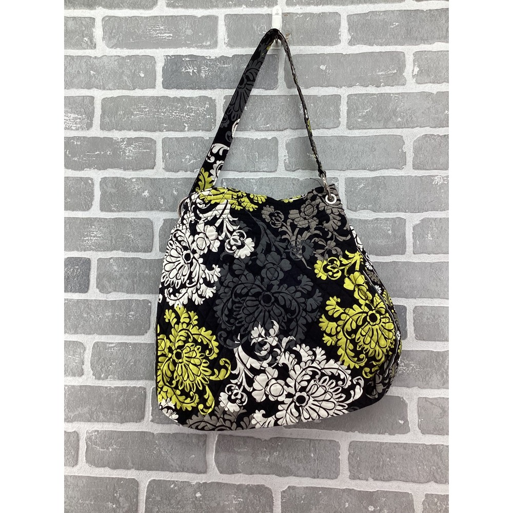 Vera Bradley Holiday Tote Baroque Quilted Floral Shoulder Bag Black Lime Green